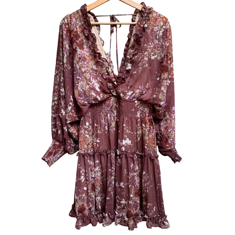Boho Floral Smocked Waist Ruffle Mini Dress Burgundy Fairy Goblincore Sm Derby - Picture 2 of 11